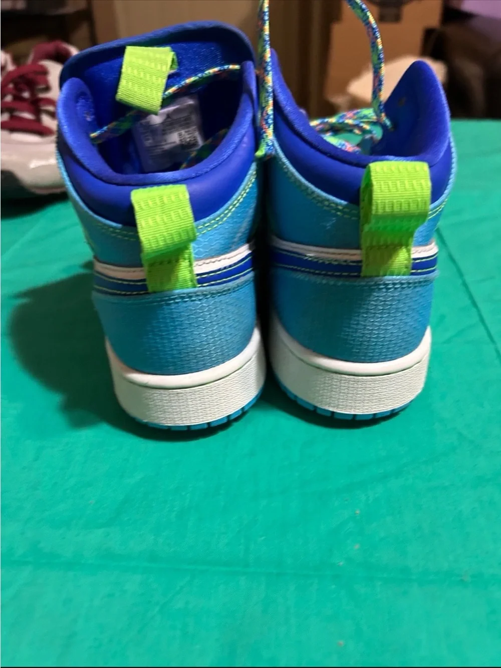 Jordan Kids Blue, White and Neon Green High-Top Sneakers
